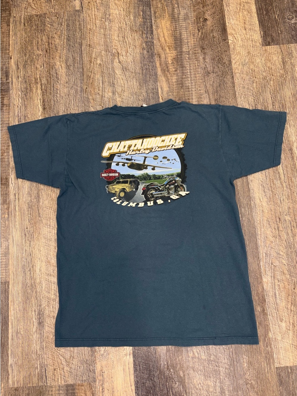 Harley-Davidson Navy Blue Graphic Tee with Yellow and Black Accents